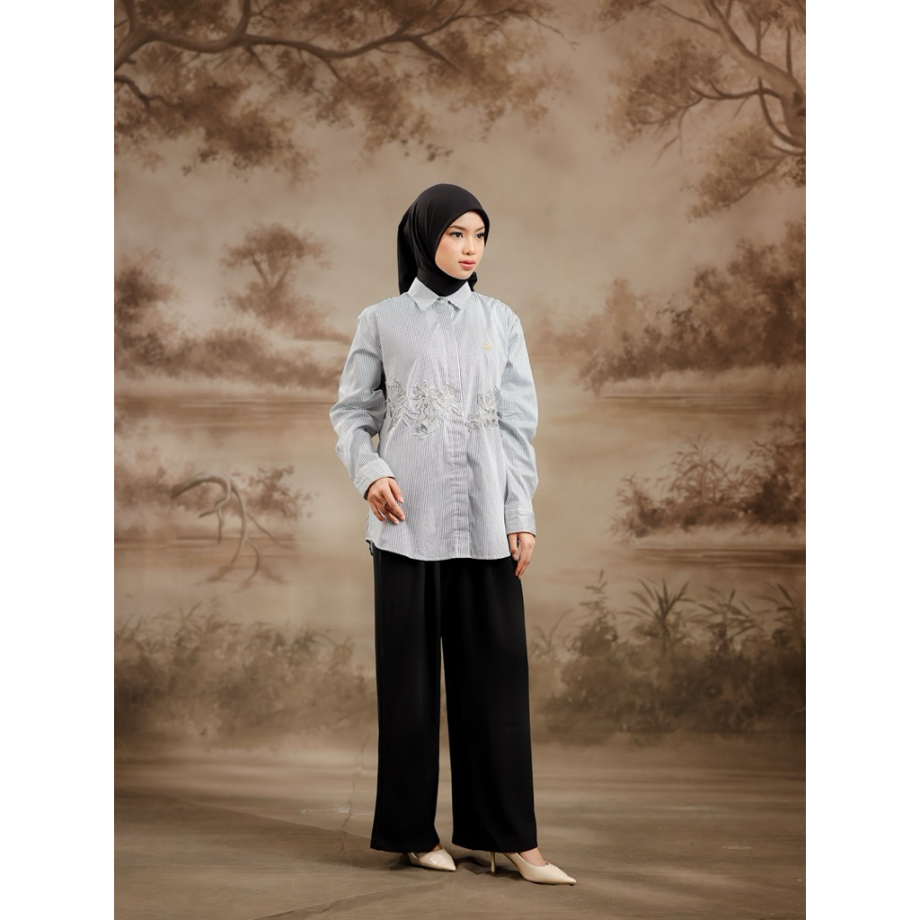House of Syaira Ayla Shirt - Kemeja Wanita Cotton Stripe Renda Bordir Payet Elegan