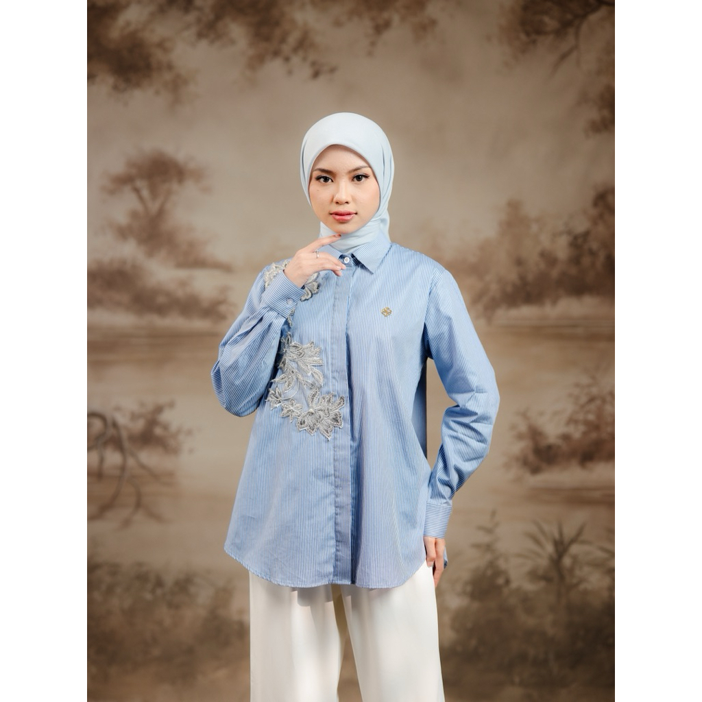 House of Syaira Adara Shirt - Kemeja Wanita Cotton Stripe Renda Bordir Payet Elegan