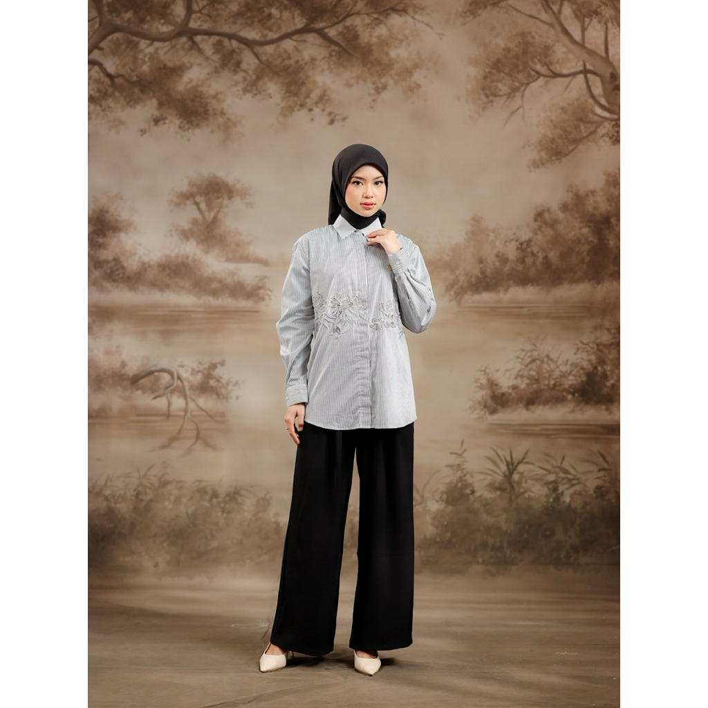 House of Syaira Ayla Shirt - Kemeja Wanita Cotton Stripe Renda Bordir Payet Elegan