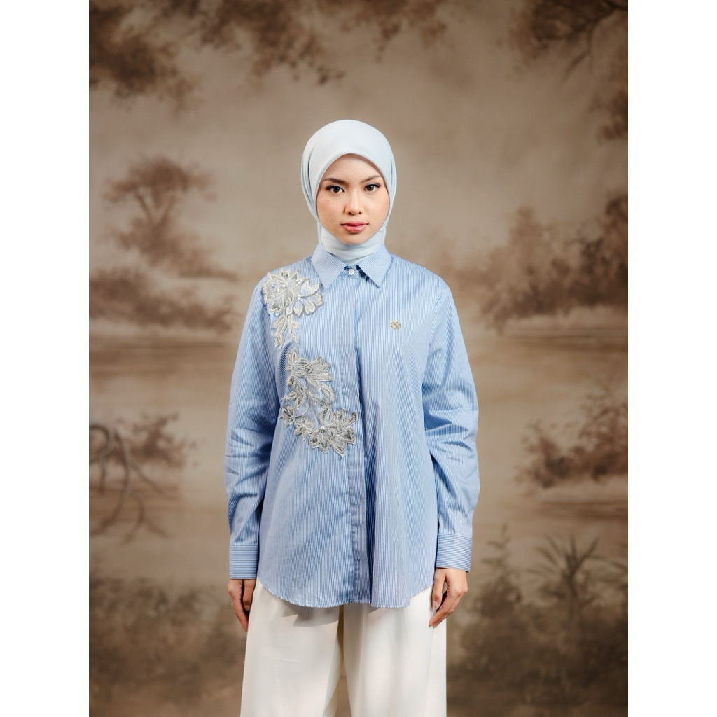 House of Syaira Adara Shirt - Kemeja Wanita Cotton Stripe Renda Bordir Payet Elegan