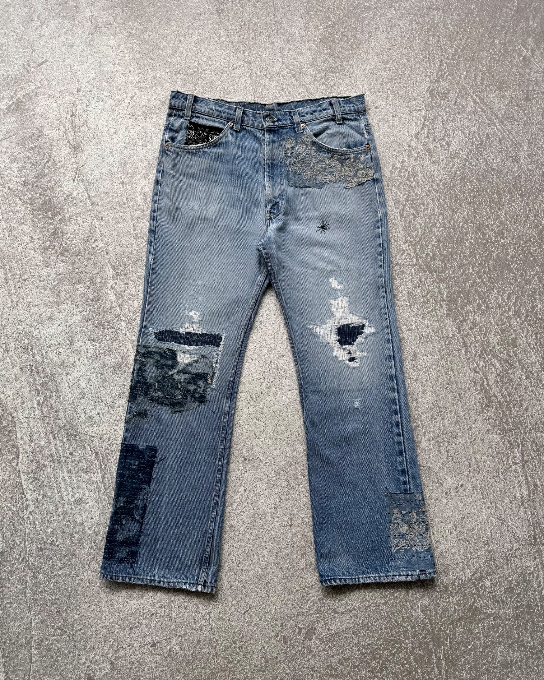 NO.030 REWORKED BORO LEVI'S 517 BOOTCUT JEANS LIGHT BLUE