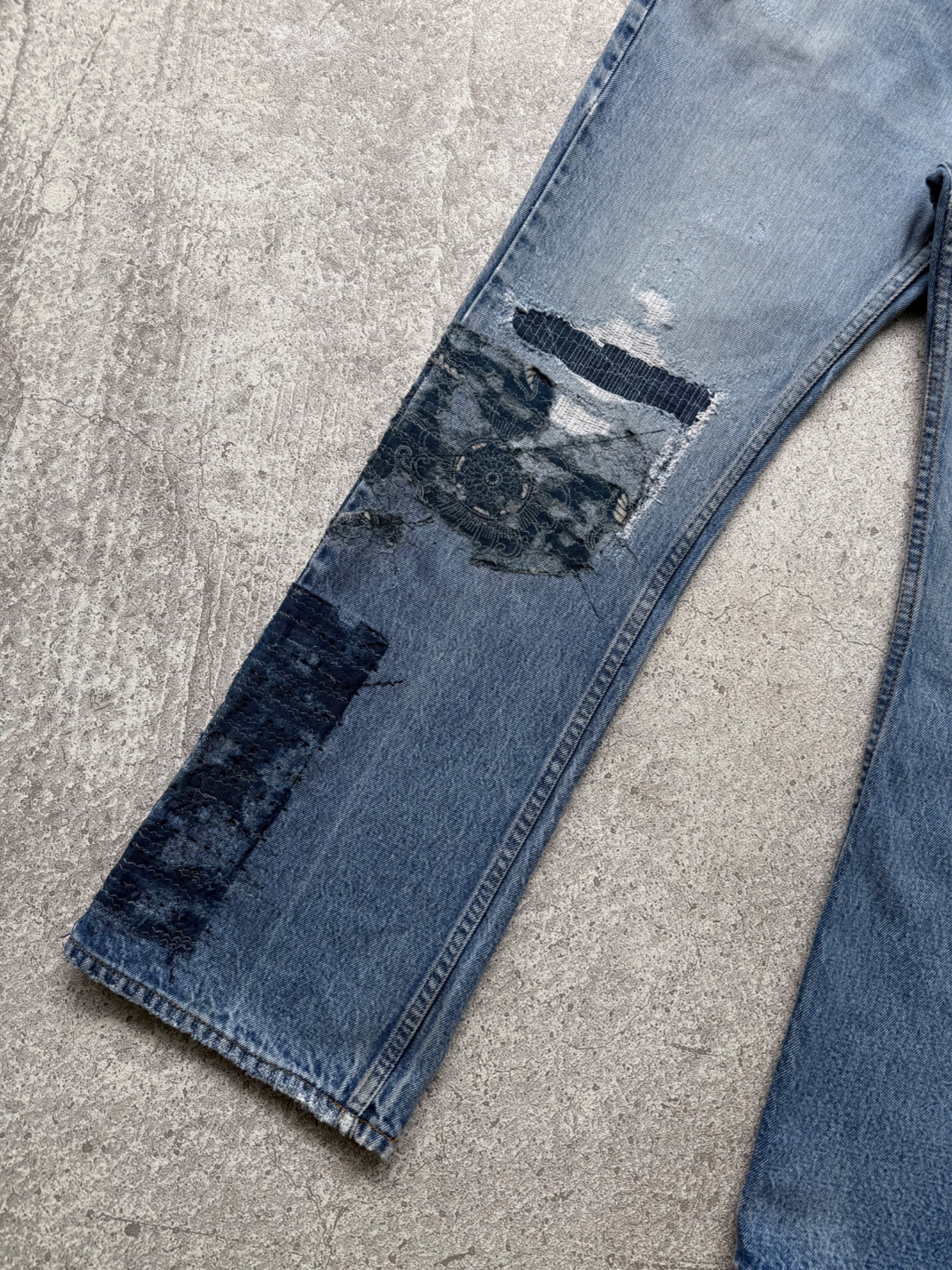 NO.030 REWORKED BORO LEVI'S 517 BOOTCUT JEANS LIGHT BLUE