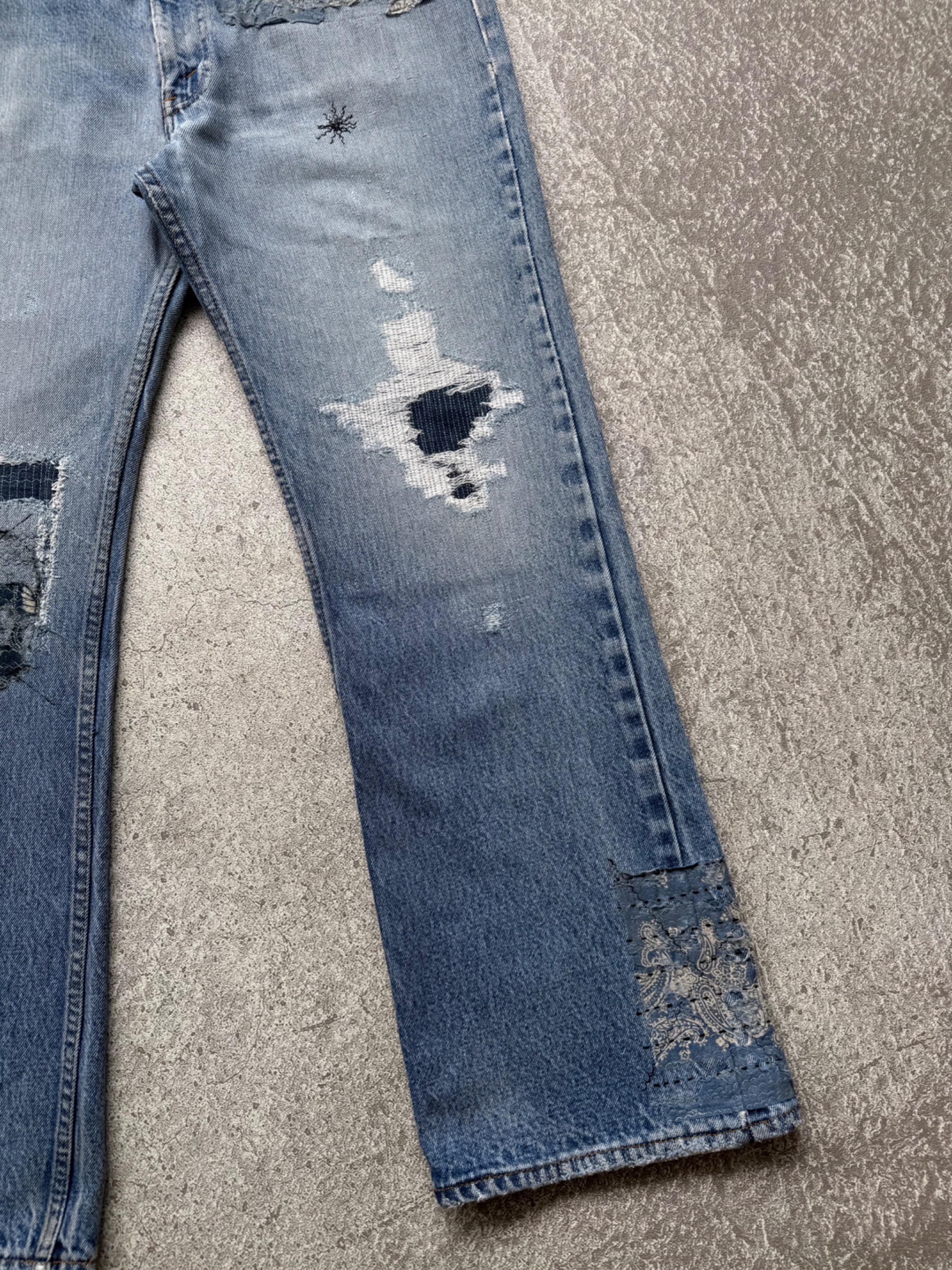 NO.030 REWORKED BORO LEVI'S 517 BOOTCUT JEANS LIGHT BLUE