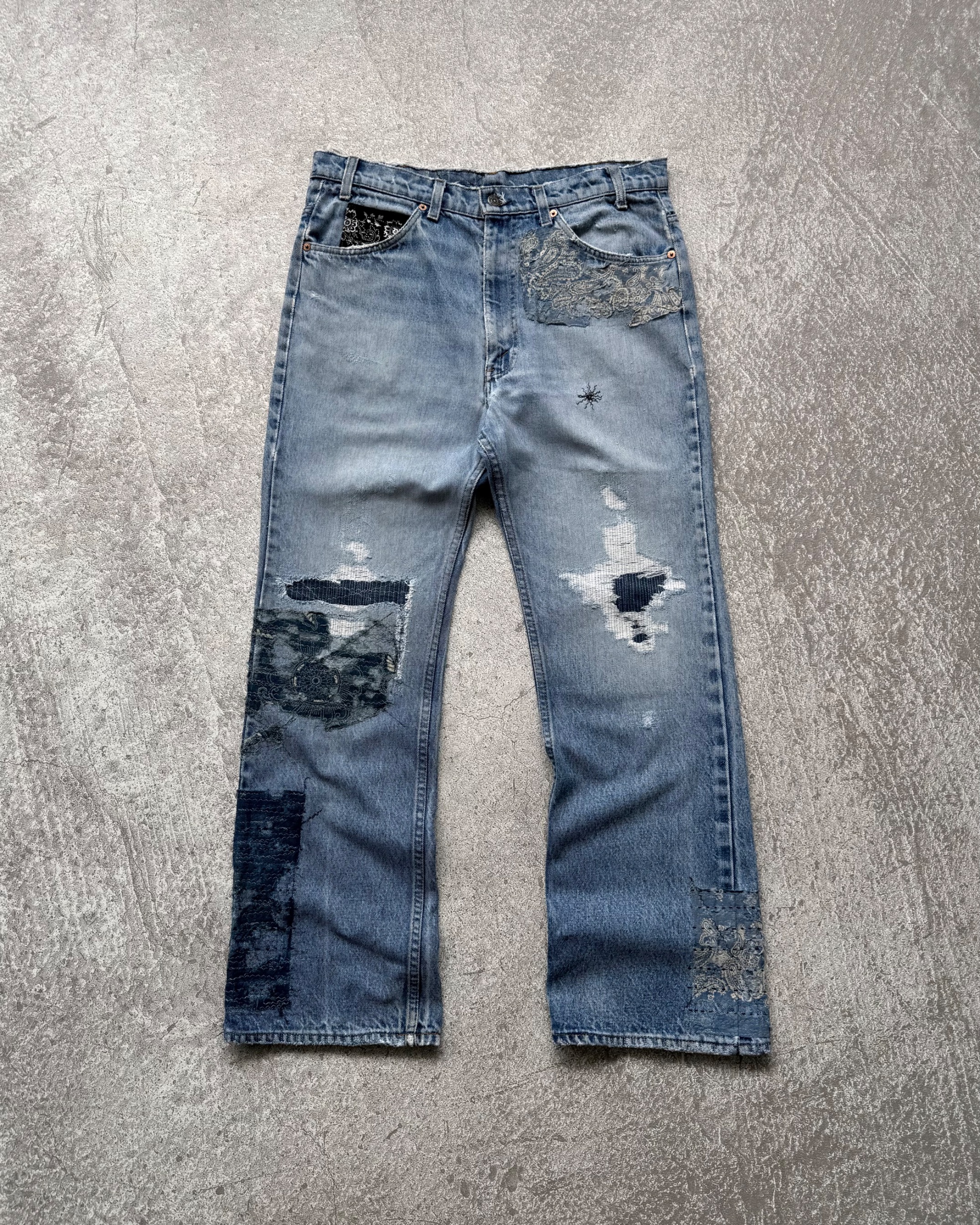 NO.030 REWORKED BORO LEVI'S 517 BOOTCUT JEANS LIGHT BLUE