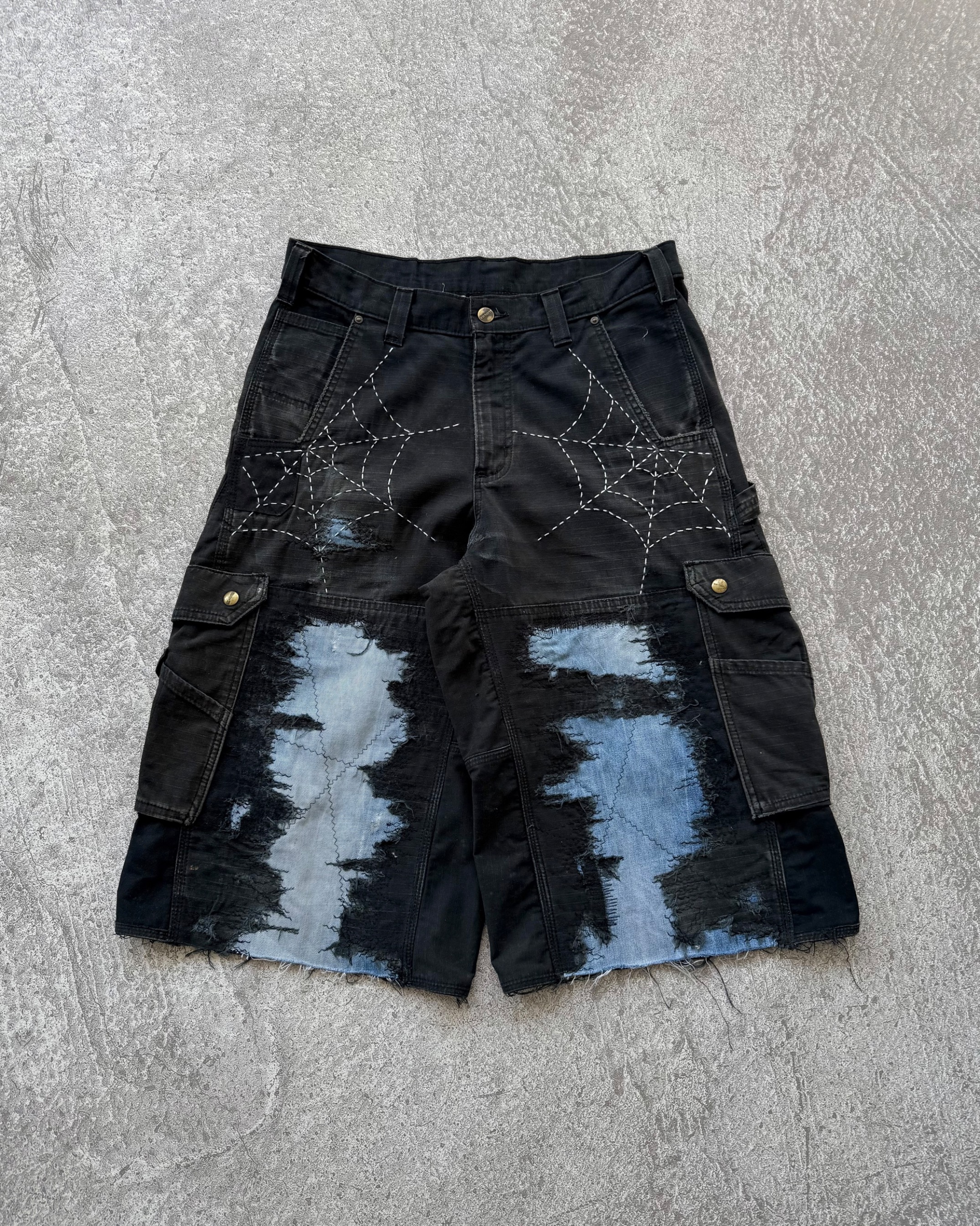 Reworked Boro Sashiko Carhartt B342 Double Knee Wide Cargo Shorts Black