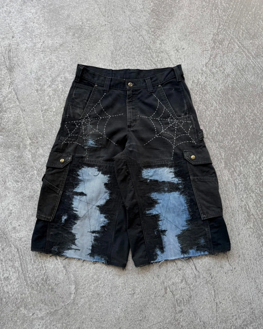 Reworked Boro Sashiko Carhartt B342 Double Knee Wide Cargo Shorts Black