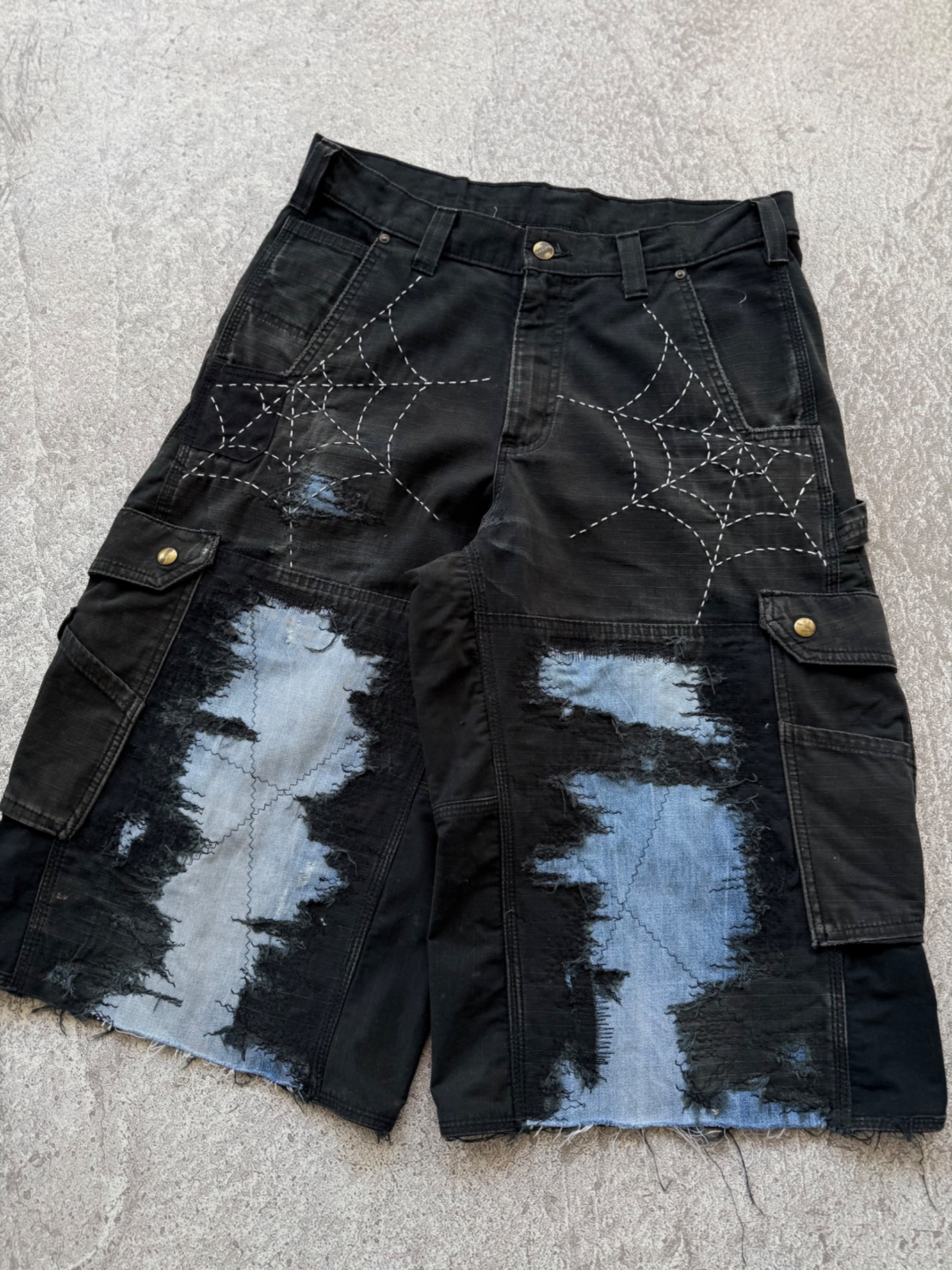 Reworked Boro Sashiko Carhartt B342 Double Knee Wide Cargo Shorts Black