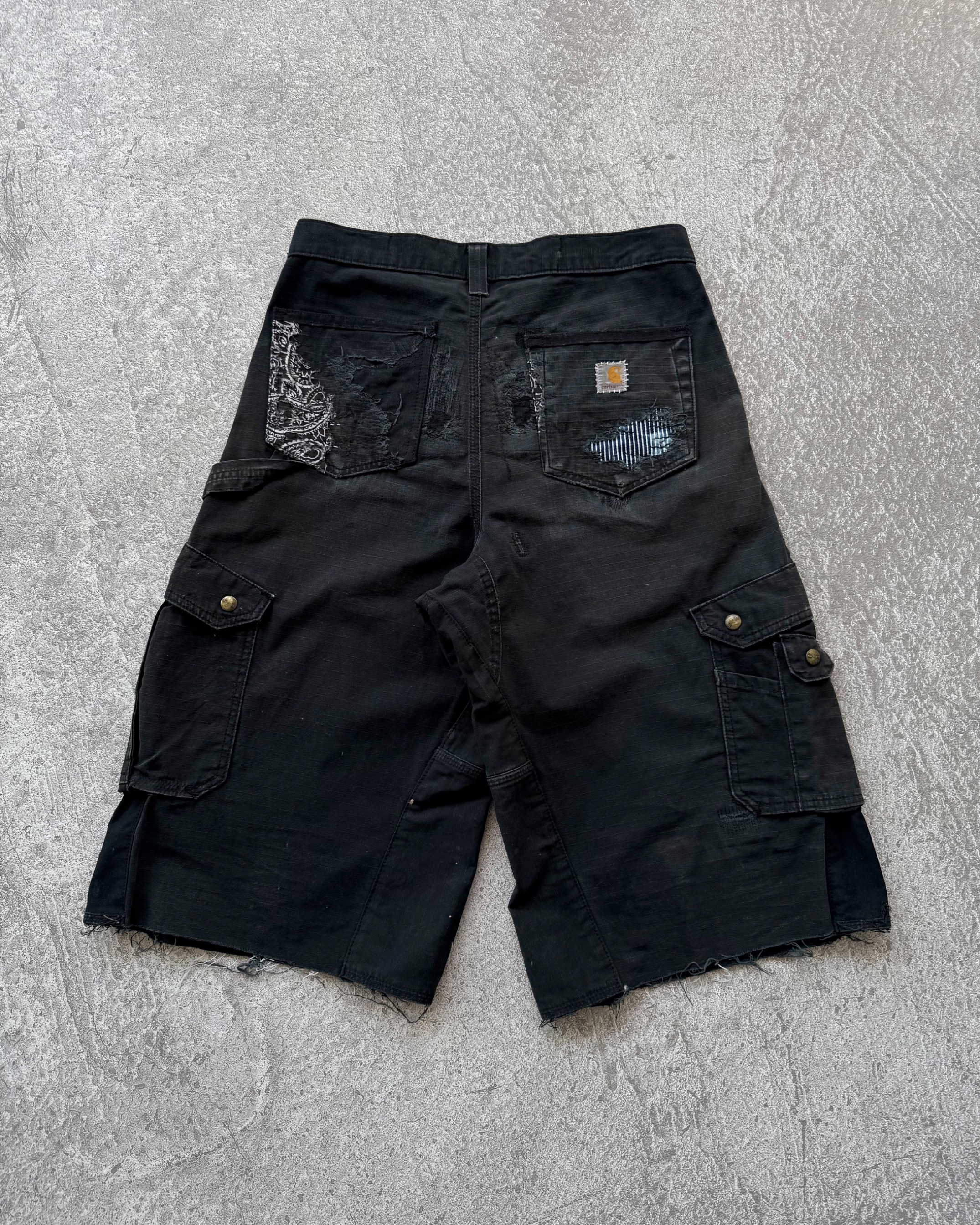 Reworked Boro Sashiko Carhartt B342 Double Knee Wide Cargo Shorts Black