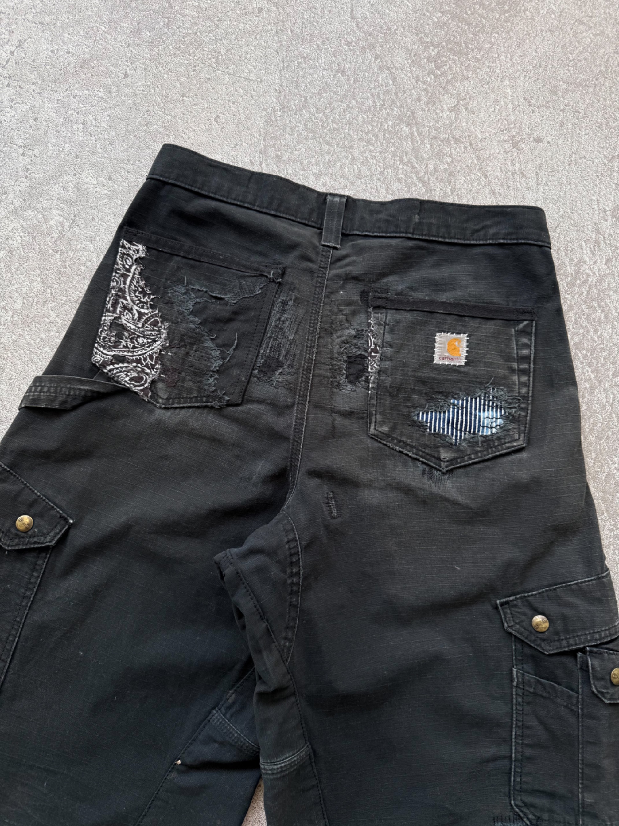 Reworked Boro Sashiko Carhartt B342 Double Knee Wide Cargo Shorts Black