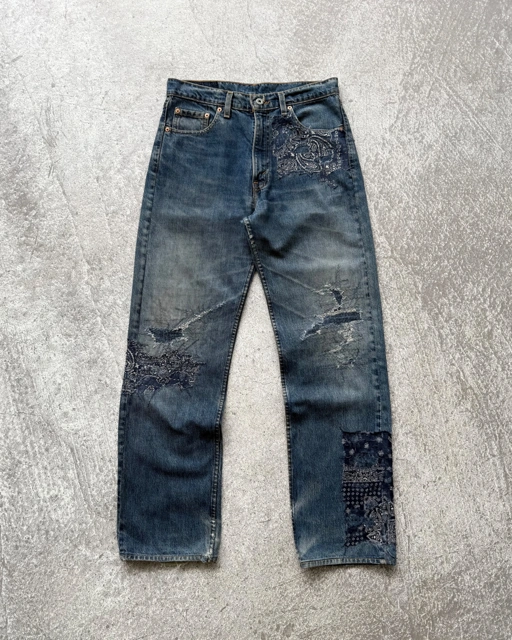 Reworked Boro Glitch Levi's 501 Blue Jeans