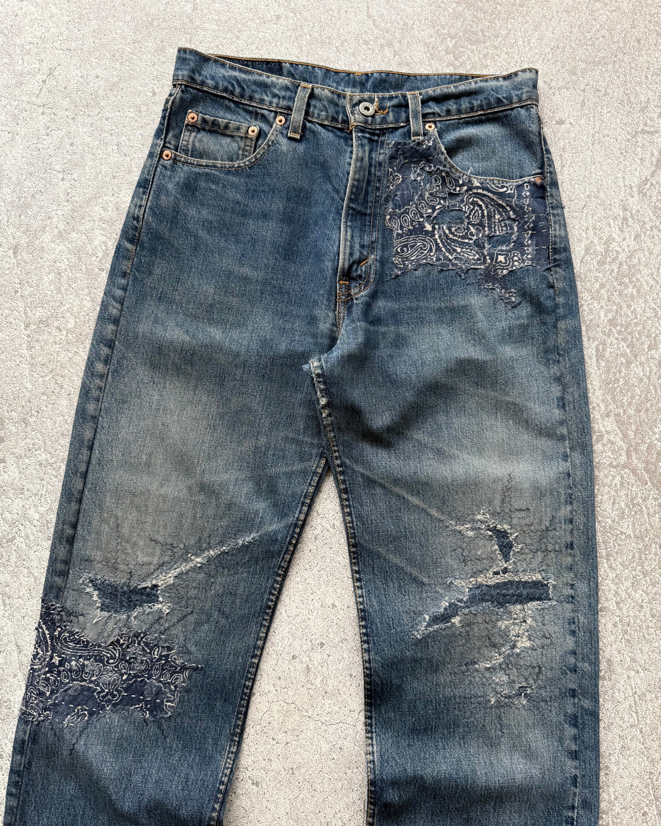 Reworked Boro Glitch Levi's 501 Blue Jeans