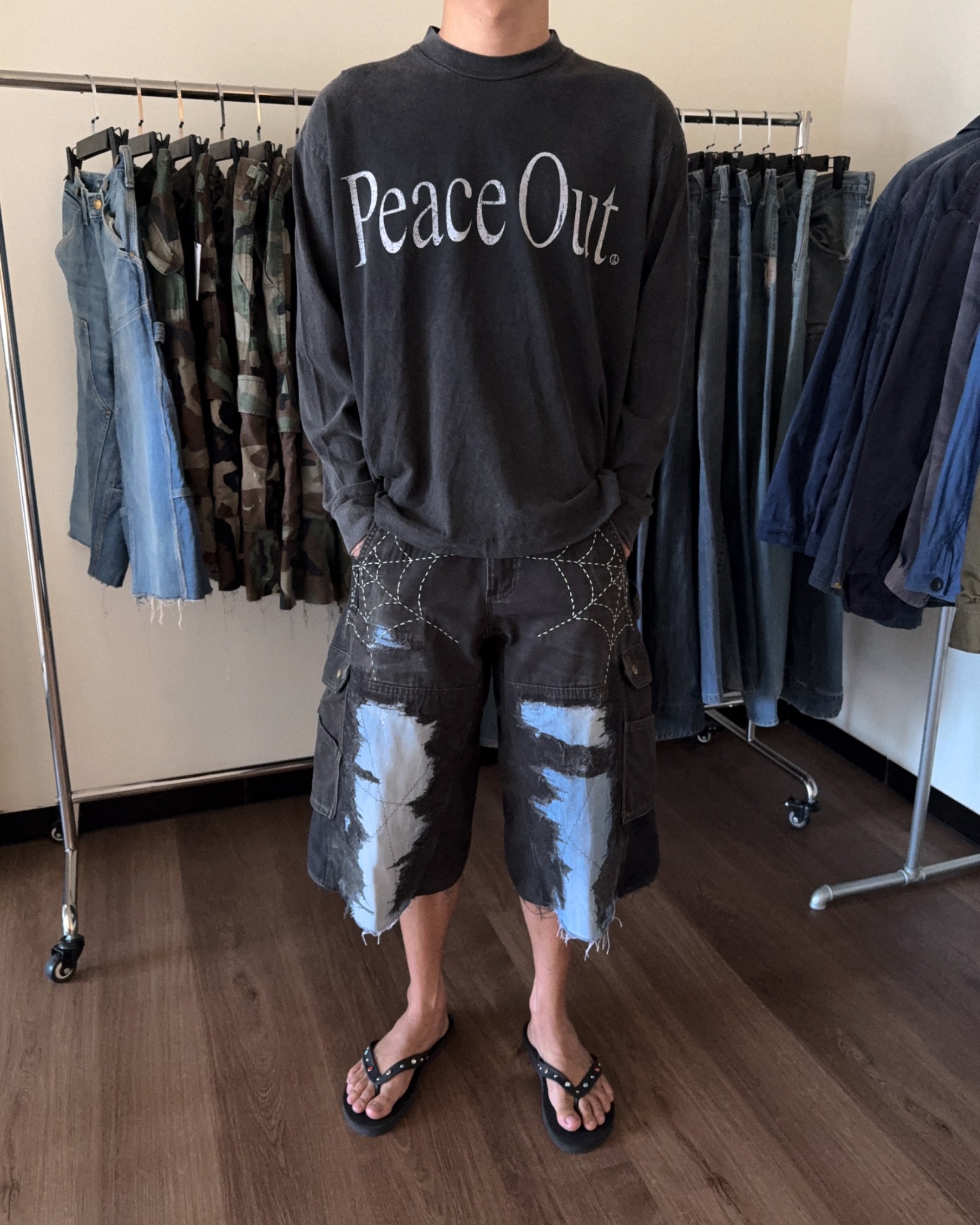 Reworked Boro Sashiko Carhartt B342 Double Knee Wide Cargo Shorts Black