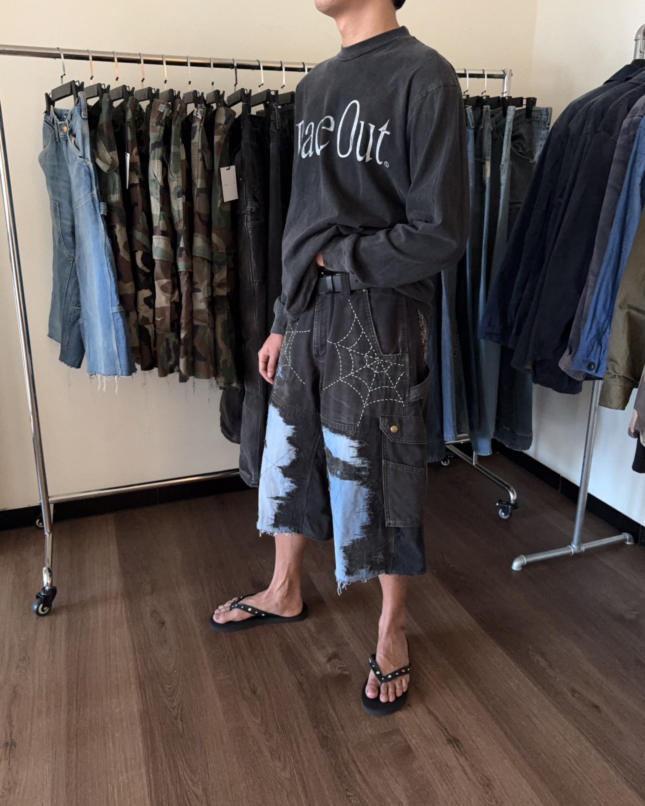 Reworked Boro Sashiko Carhartt B342 Double Knee Wide Cargo Shorts Black