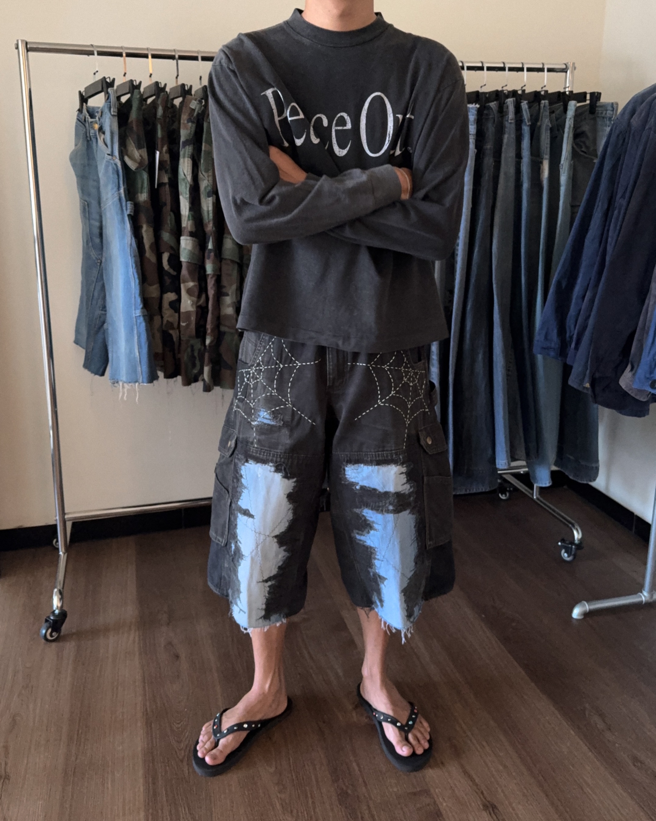Reworked Boro Sashiko Carhartt B342 Double Knee Wide Cargo Shorts Black