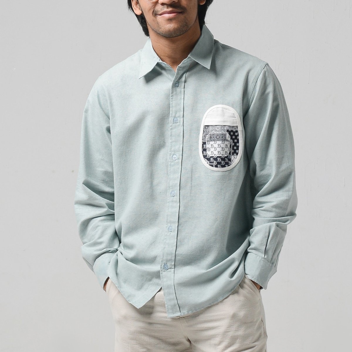 Linen Chest Patch Shirt Sky blue