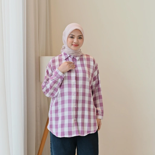 Image of Marchemode Alata Gingham Baju Atasan Lengan Panjang Wanita Allsize Bigsize Kemeja Basic Casual