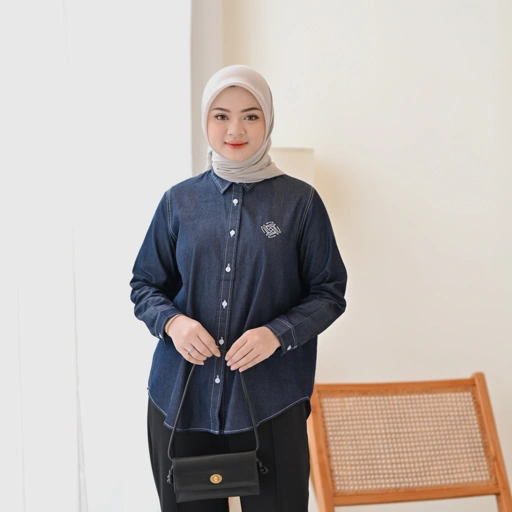 Image of Marchemode Ayesha Denim Soft Denim Bordir Baju Kemeja Wanita Reguler Upsize Bigsize