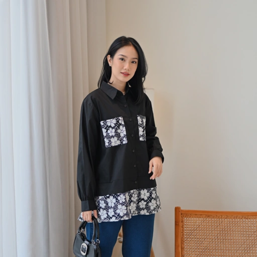 Image of Marchemode Elva Shirt Katun Polos Mix Bordir Kemeja Kerja Santai Baju Lengan Panjang Reguler Bigsize Upsize