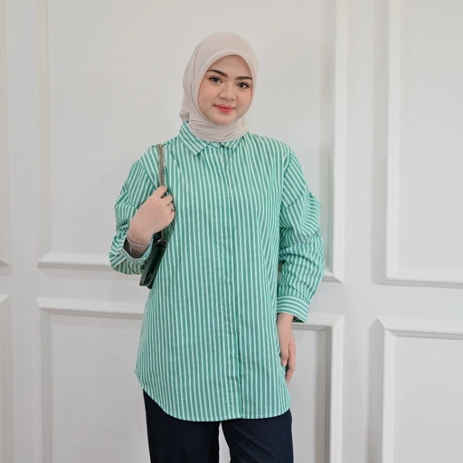 Image of Marchemode Meghan Stripe shirt Motif Katun Baju Lengan Panjang Big size Oversize Wanita Casual