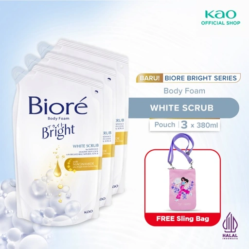 Image of Biore Bright White Scrub 380ml Pouch Triplepack + Gift - Sabun Mandi