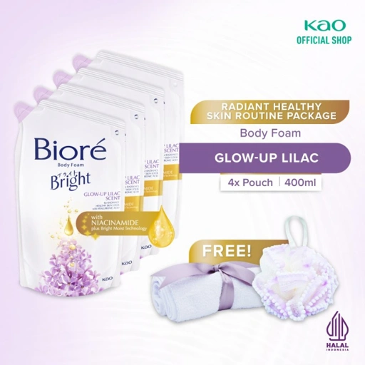 Image of Biore Bright Glow-up Lilac 400ml Pouch Fourpack + Gift - Sabun Mandi