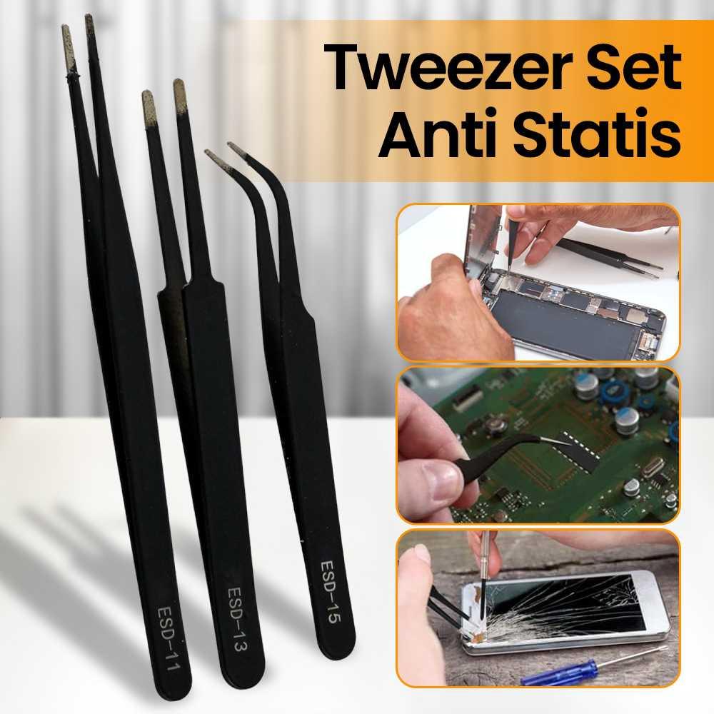 ESD Pinset Serbaguna Anti Static 3 PCS - Pemindahan Komponen Aman, Presisi, dan Nyaman, Hitam