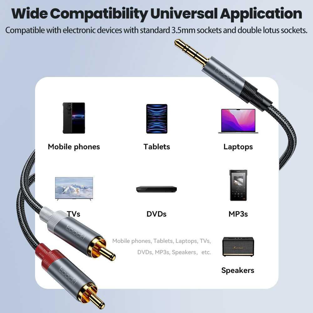 Toocki Kabel Audio Jack 3.5mm to Dual RCA Splitter Stereo Surround - Koneksi Audio Stereo, Suara Hi-Fi Immersif - Desain Kabel Tahan Lama