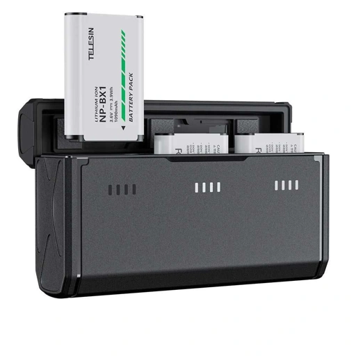 Image of TELESIN Charger Baterai Kamera NP-BX1 3 Slot - Isi 3 Baterai Sekaligus, Cadangan Baterai Sony, Slot Kartu SD & microSD, Proteksi Kelistrikan IH