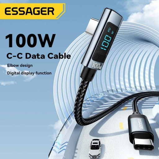 Image of ESSAGER Kabel Data USB Type C to USB Type C LED Display - Pengisian Cepat & Transfer Data Cepat, Model Siku IH