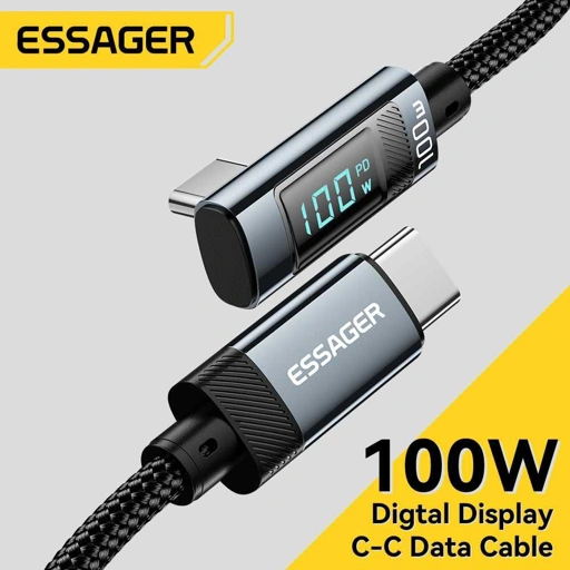 Image of ESSAGER Kabel Data USB Type C to USB Type C LED Display - Pengisian Cepat & Transfer Data Cepat, Model Siku IH