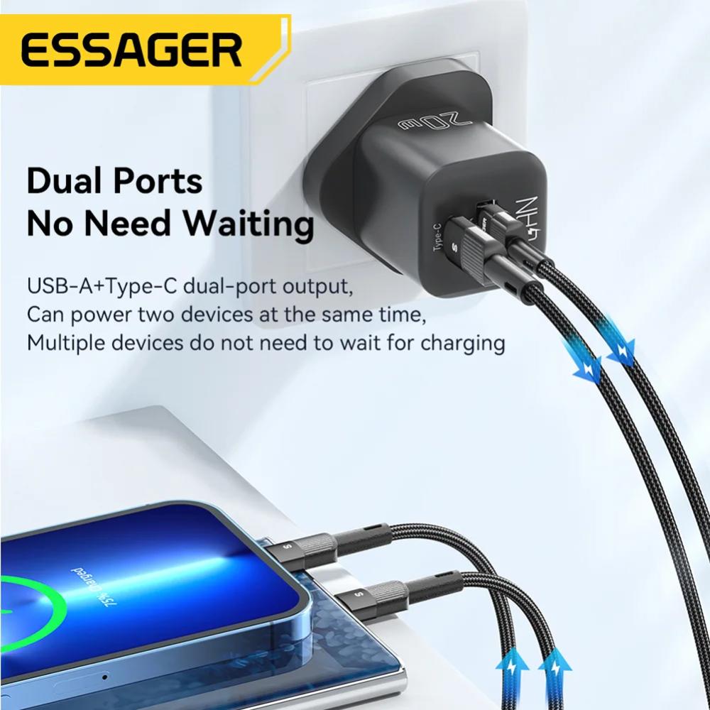 ESSAGER Kepala Charger Dual Port GaN 20W Pengisian Cepat, Hemat Waktu, Desain Kompak