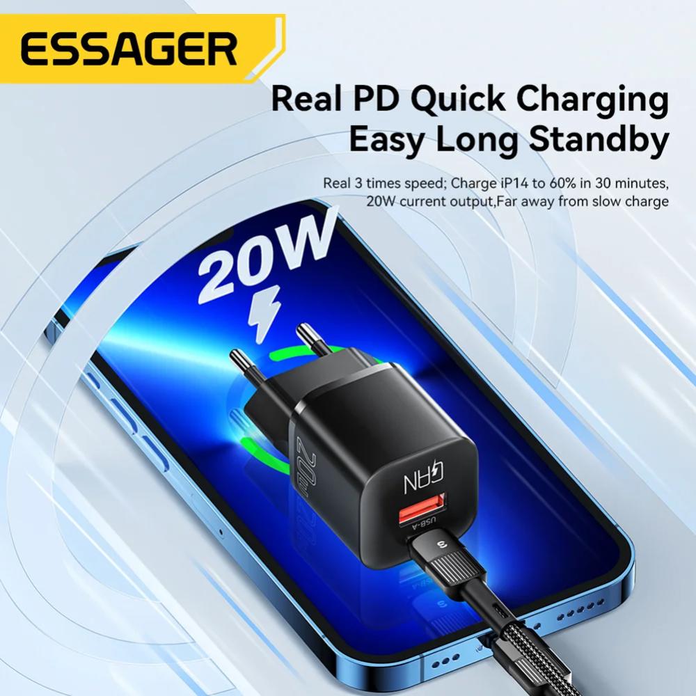 ESSAGER Kepala Charger Dual Port GaN 20W Pengisian Cepat, Hemat Waktu, Desain Kompak