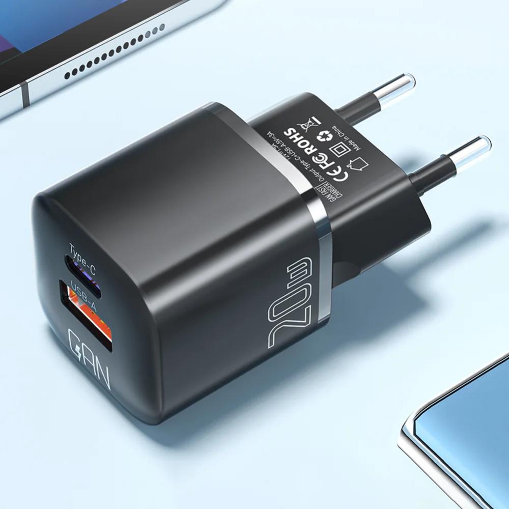 ESSAGER Kepala Charger Dual Port GaN 20W Pengisian Cepat, Hemat Waktu, Desain Kompak