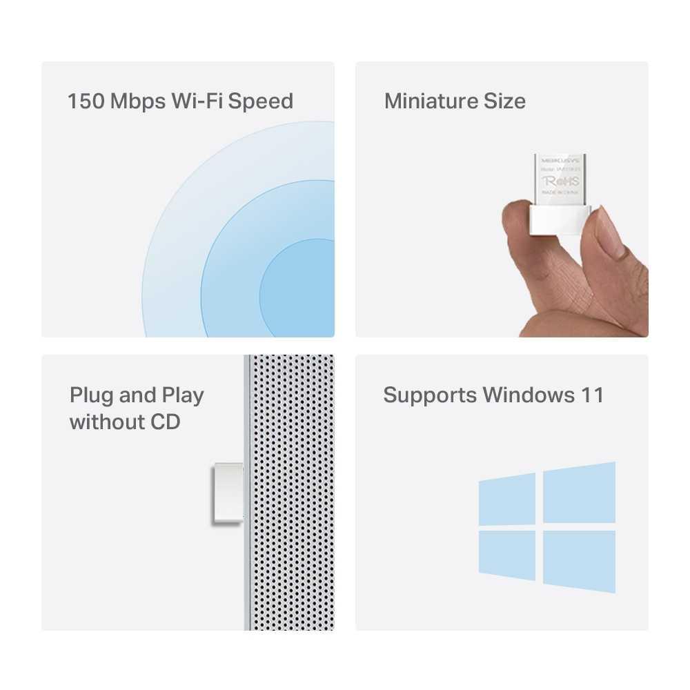 Mercusys Wireless Nano USB WiFi Receiver Adapter N150 150Mbps - Koneksi Cepat dan Stabil, Solusi Sinyal Internet, Plug and Play