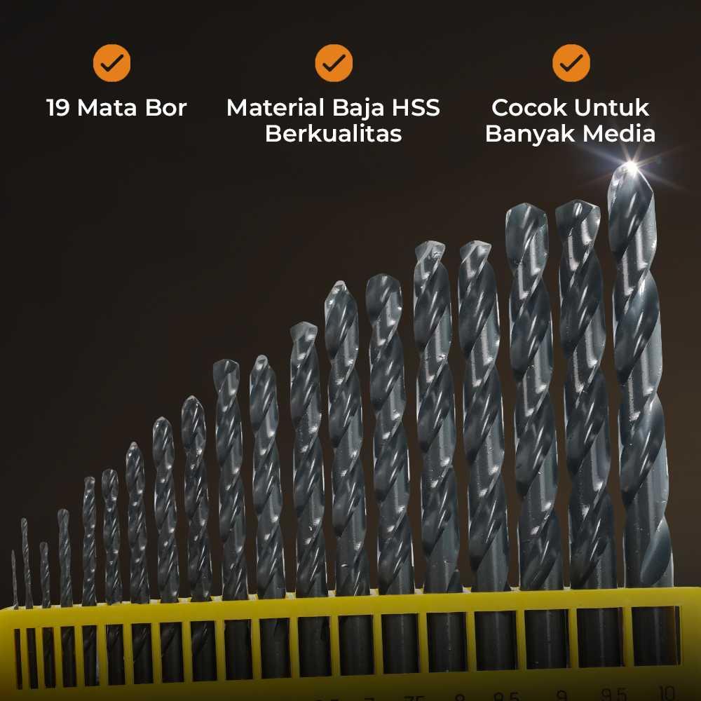 Deli Mata Bor Power Drill Bits HSS Steel 1-10mm 19 PCS - Presisi Bor Baja HSS 19 Ukuran, Serbaguna untuk Berbagai Material