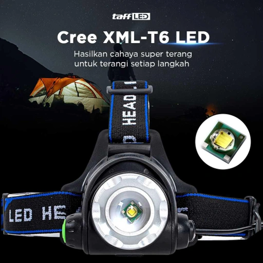 Image of TaffLED High Power Headlamp 1 LED Cree XML-T6 - Cahaya Terang, Kemiringan 90° IH