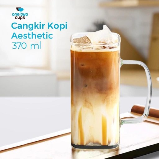 Image of One Two Cups Cangkir Kopi Kaca Tahan Panas - Desain Kotak Aesthetic, Kapasitas 370ml IH
