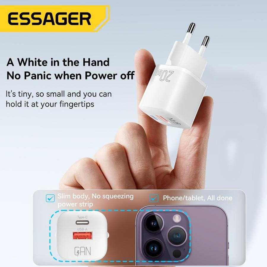 ESSAGER Kepala Charger Dual Port GaN 20W Pengisian Cepat, Hemat Waktu, Desain Kompak
