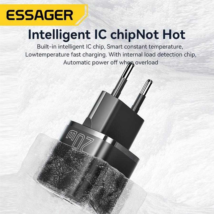 ESSAGER Kepala Charger Dual Port GaN 20W Pengisian Cepat, Hemat Waktu, Desain Kompak