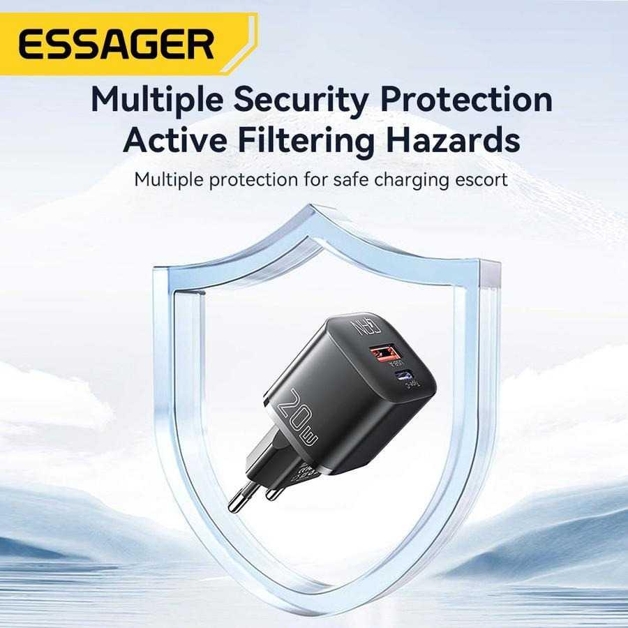 ESSAGER Kepala Charger Dual Port GaN 20W Pengisian Cepat, Hemat Waktu, Desain Kompak