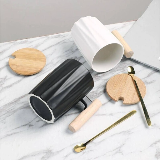 Image of Yomu Cangkir Minum Keramik Wooden Handle Mug 400ml with Lid Spoon - YM15, Desain Estetik untuk Nikmati Minuman Lebih Berkesan