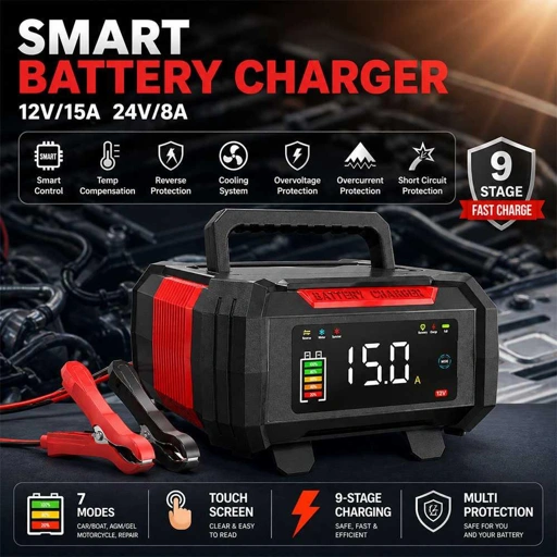 Taffware Charger Baterai Aki Mobil Motor Portable Pengisian Cepat dan Cerdas, Layar LED Waktu Nyata