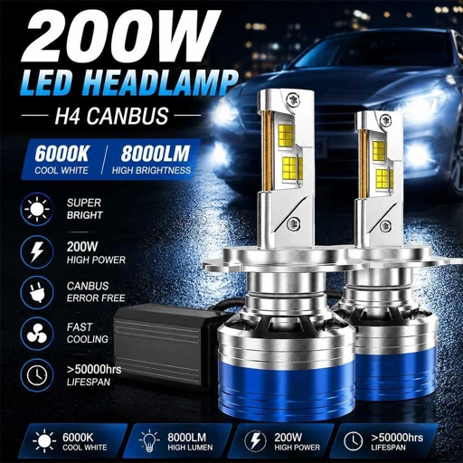 SZY Lampu Depan Mobil Headlamp LED H4 Canbus 6000K 8000LM 200W Cahaya Terang dan Fokus, Teknologi Dual Copper Tube