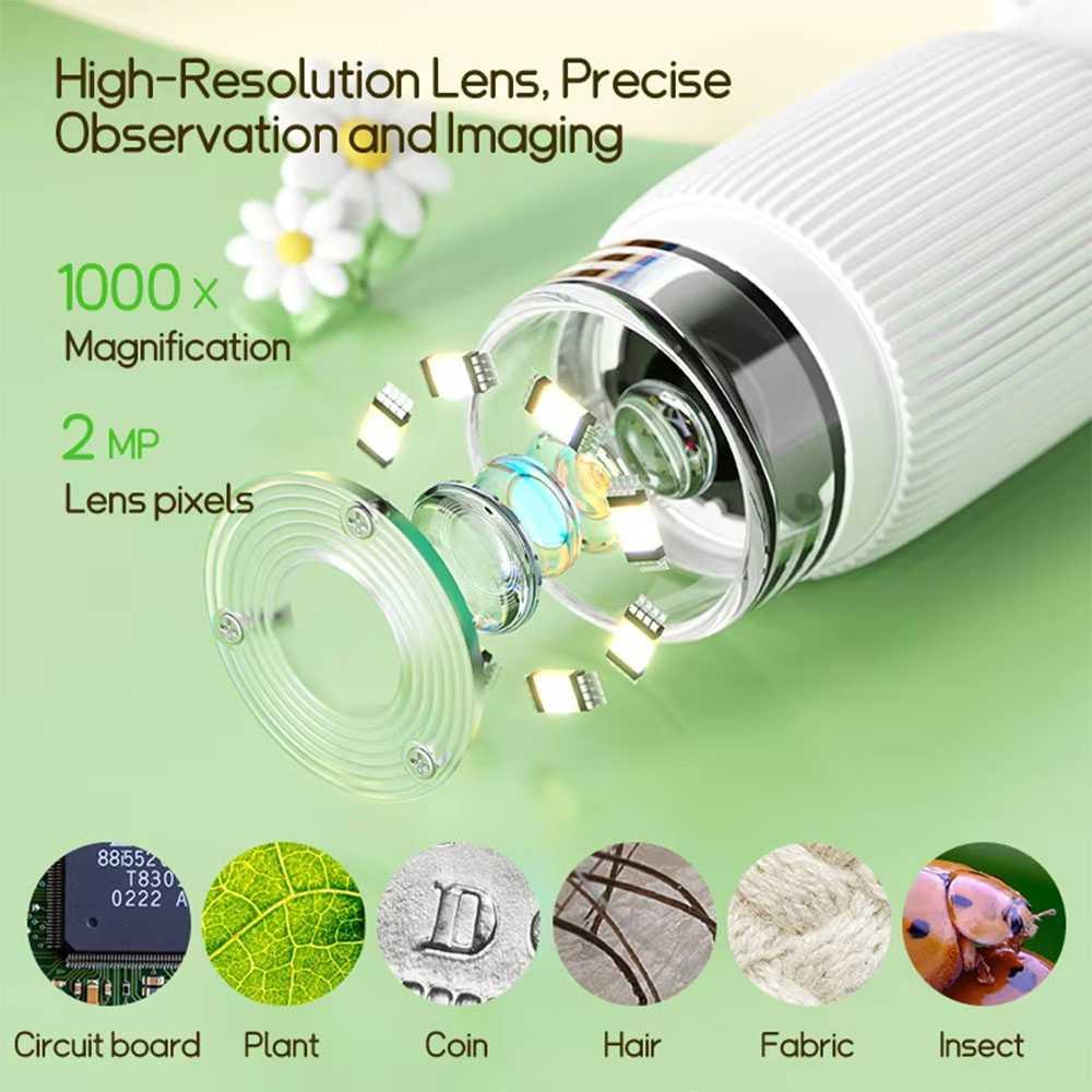 Gowin Mikroskop Digital Mini LED 1000X Interaktif Belajar Sains, Pembesaran Tinggi, Layar IPS 2 Inch