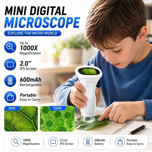 Gowin Mikroskop Digital Mini LED 1000X Interaktif Belajar Sains, Pembesaran Tinggi, Layar IPS 2 Inch