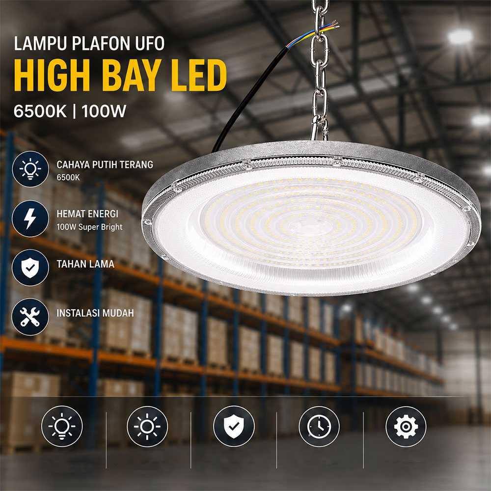 FSL Lampu Plafon UFO High Bay LED 100W Cahaya Terang, Tahan Air, Hemat Energi