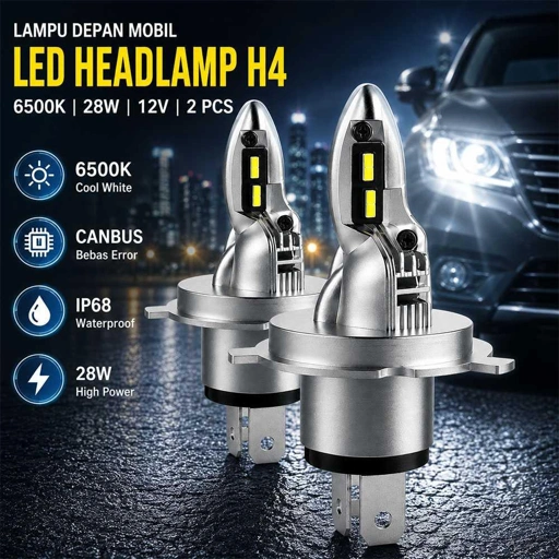 Asasytal Lampu Depan Mobil LED Headlamp H4 CSP 6500K 28W Cahaya Terang dan Hemat Energi, Desain Mini 1:1