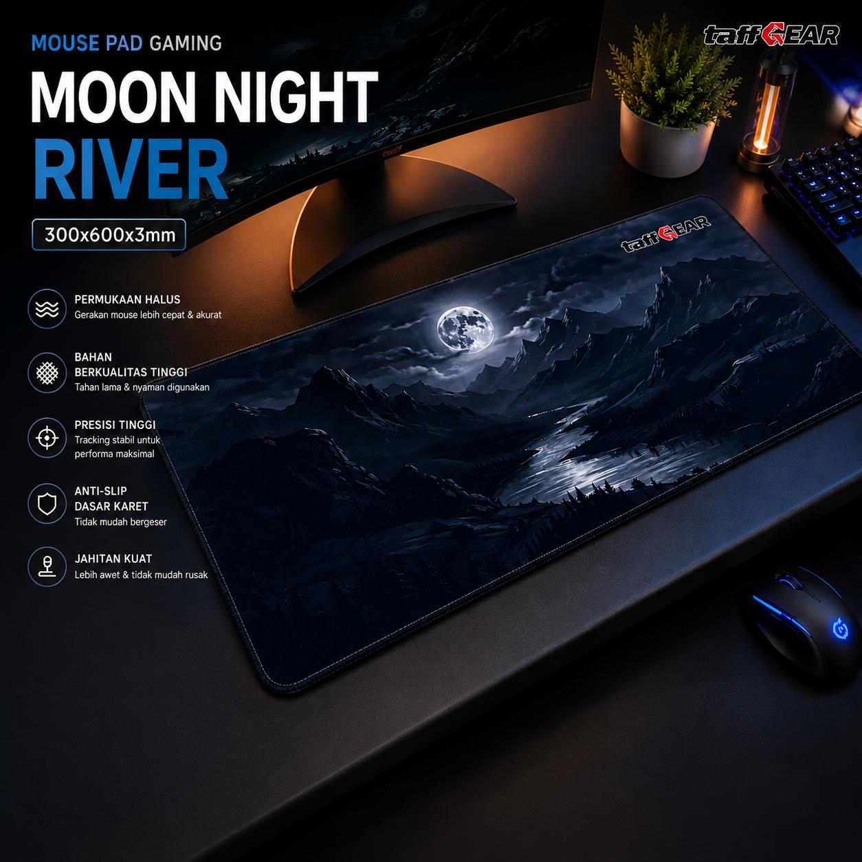 TaffGEAR Mouse Pad Gaming Moon Night River Area Luas, Desain Estetik