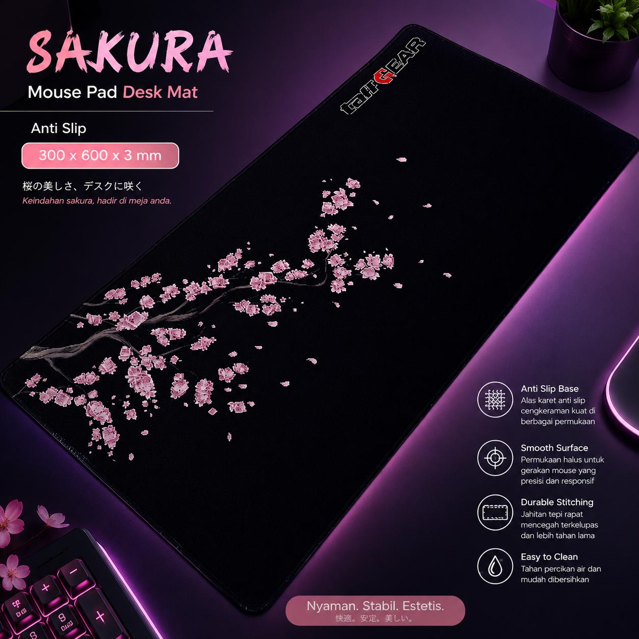 TaffGEAR Mouse Pad Sakura Desk Mat Anti Slip Luas, Stabil, Nyaman, Stylish