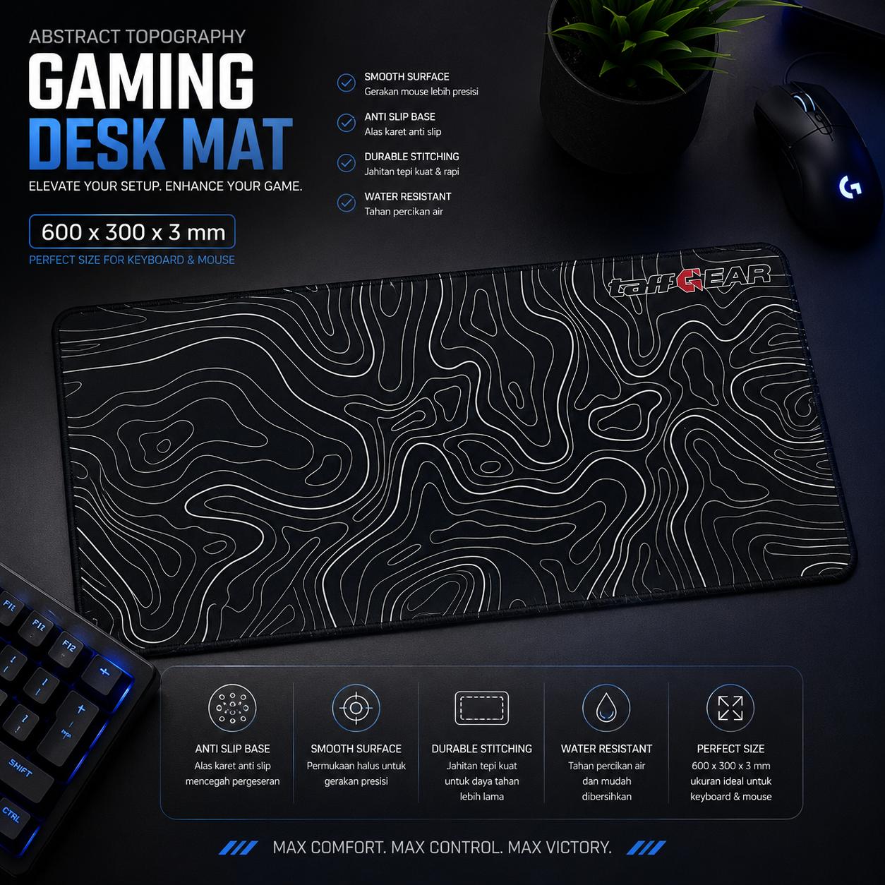 TaffGEAR Mouse Pad Gaming Abstract Topography Area Luas, Desain Modern, Kain Premium